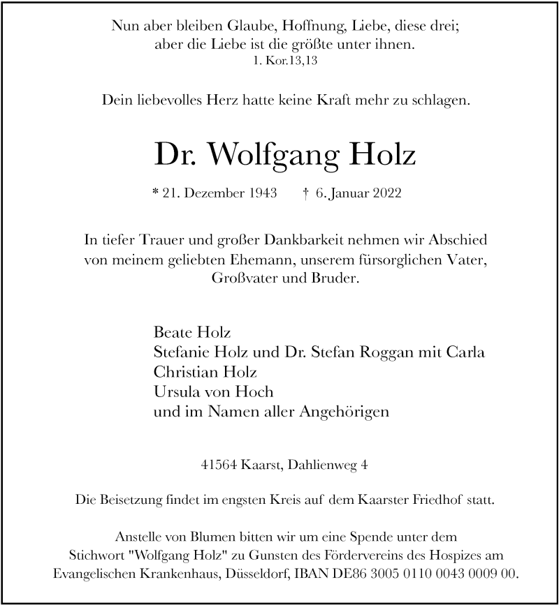  Traueranzeige für Wolfgang Holz vom 19.01.2022 aus Rheinische Post