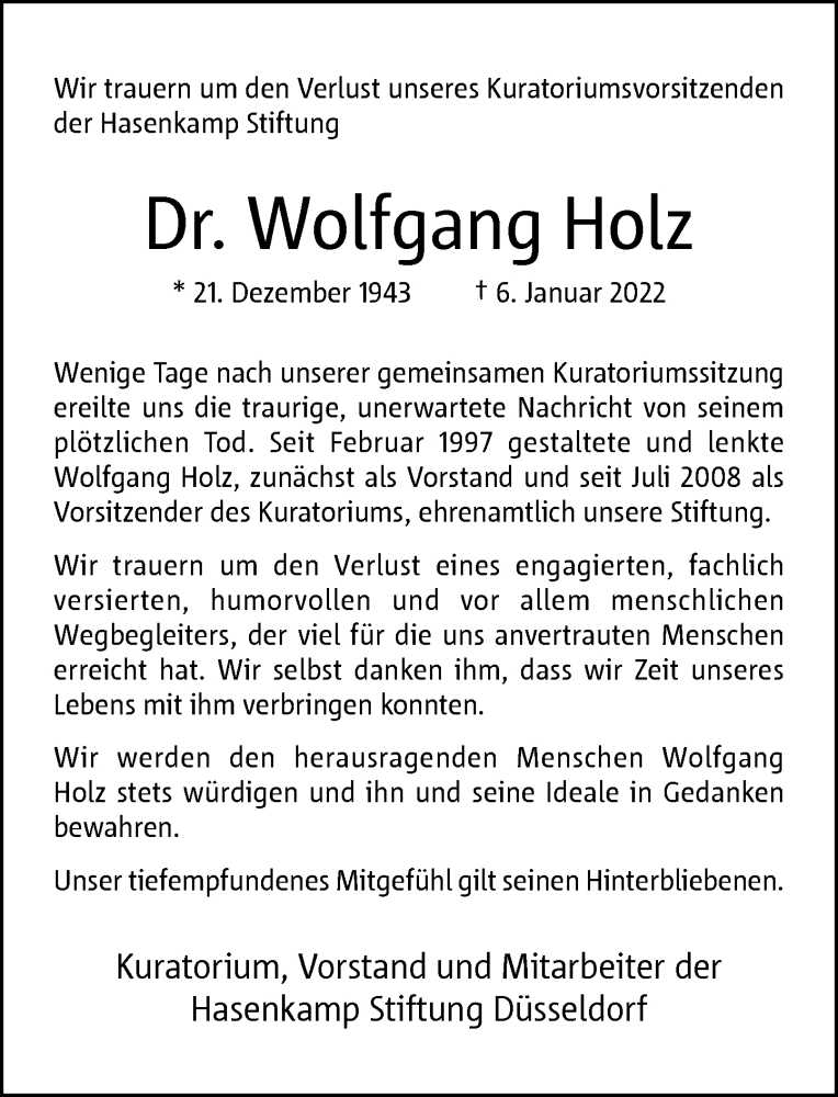  Traueranzeige für Wolfgang Holz vom 22.01.2022 aus Rheinische Post