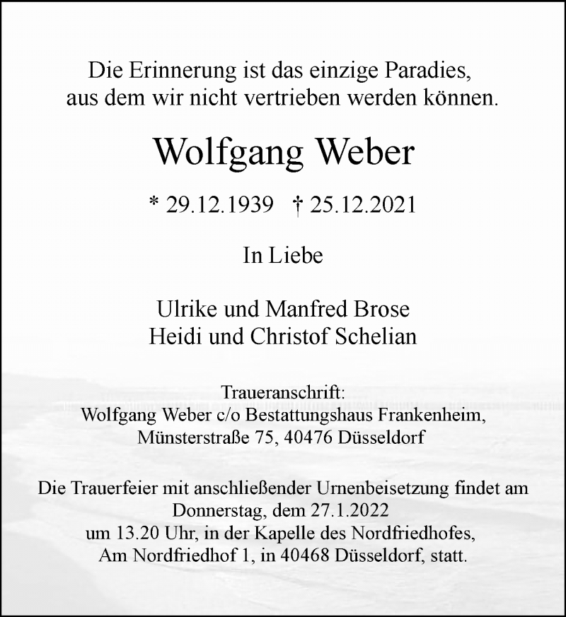  Traueranzeige für Wolfgang Weber vom 08.01.2022 aus Rheinische Post