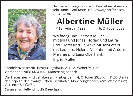 Traueranzeige von Albertine Müller von Rheinische Post