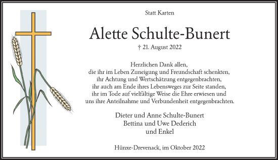 Traueranzeige von Alette Schulte-Bunert von Rheinische Post
