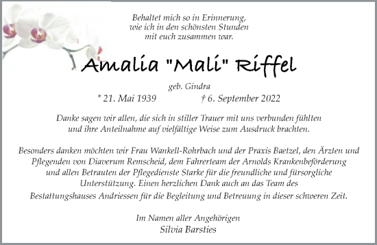 Traueranzeige von Amalia Riffel von Rheinische Post