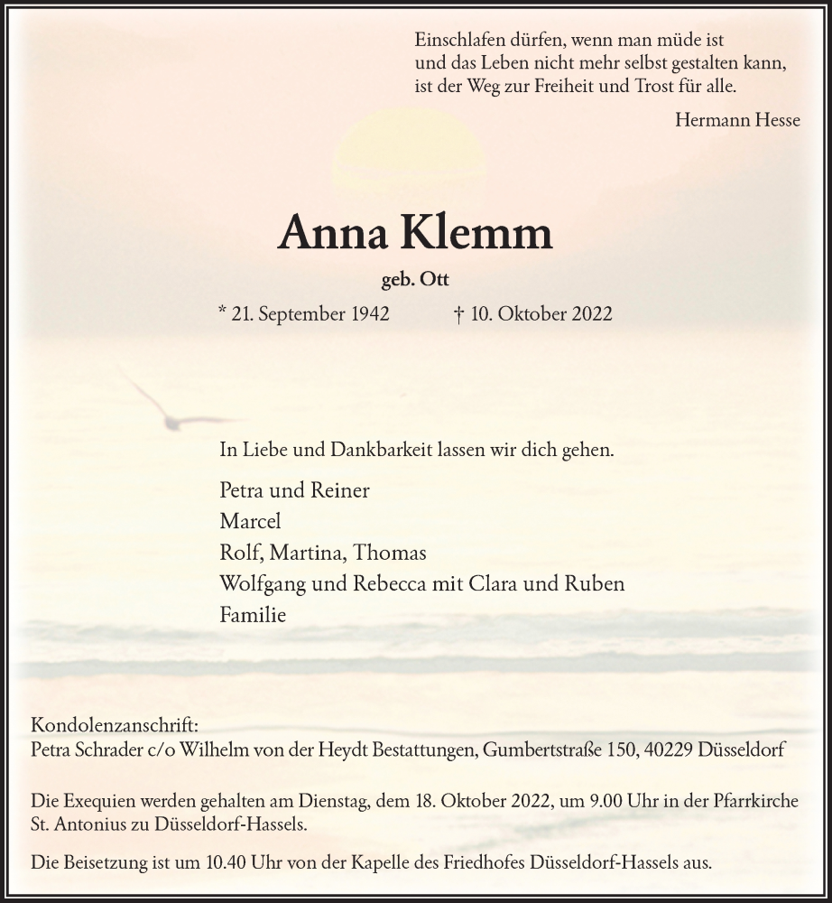  Traueranzeige für Anna Klemm vom 15.10.2022 aus Rheinische Post