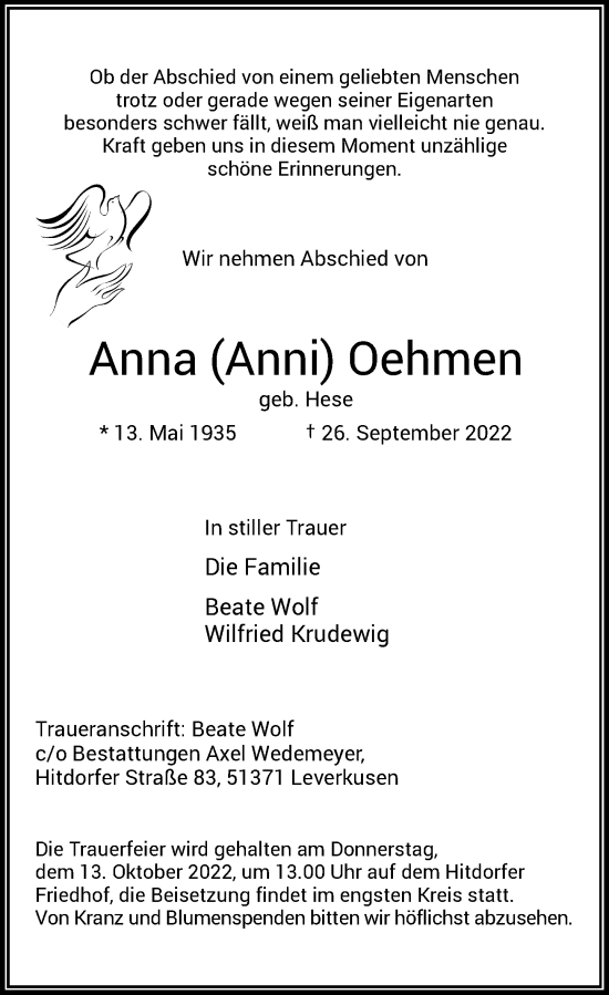 Traueranzeige von Anna Oehmen von Rheinische Post