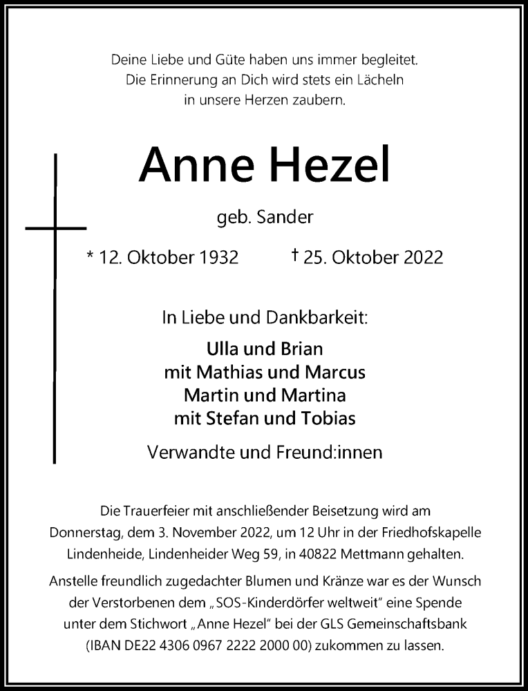  Traueranzeige für Anne Hezel vom 29.10.2022 aus Rheinische Post