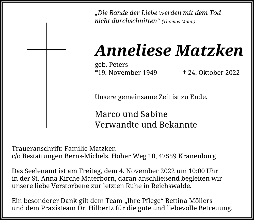  Traueranzeige für Anneliese Matzken vom 29.10.2022 aus Rheinische Post