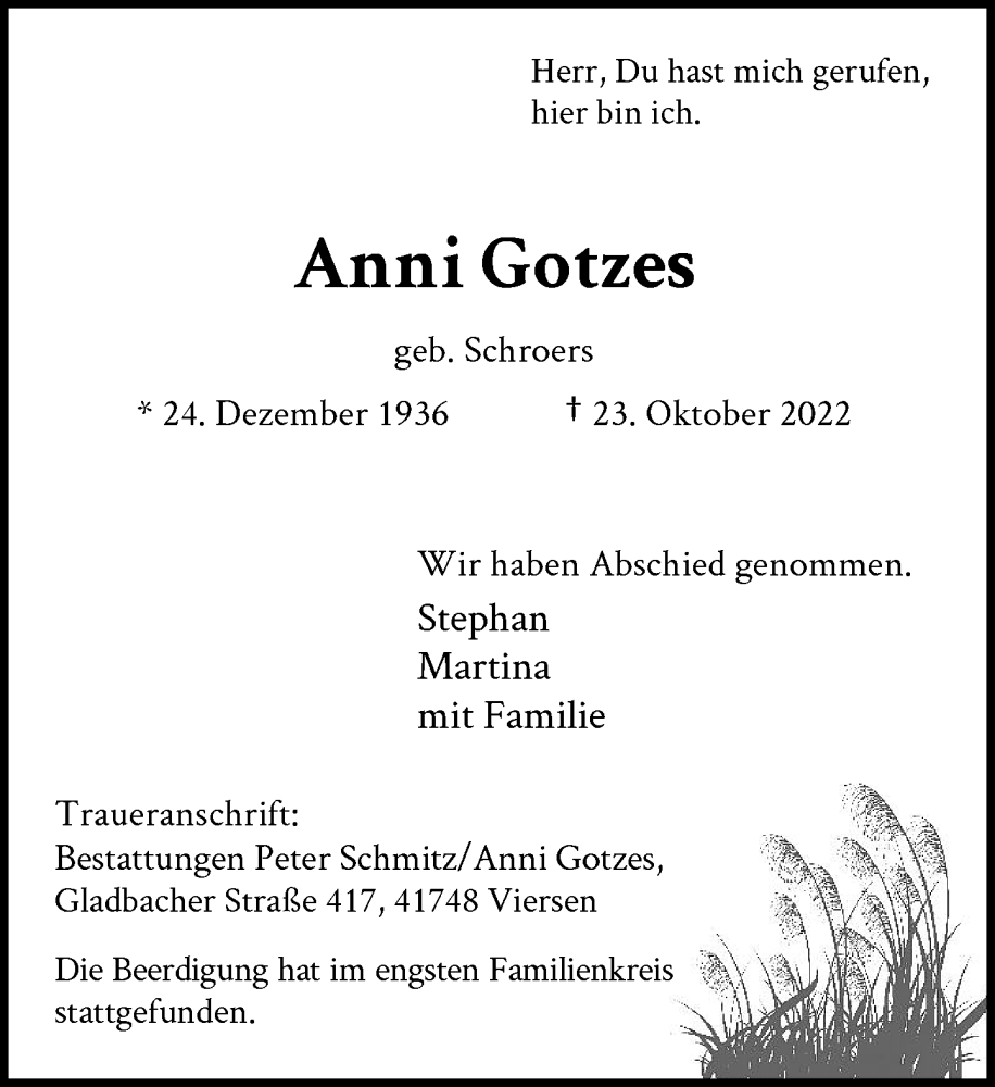 Traueranzeige für Anni Gotzes vom 05.11.2022 aus Rheinische Post