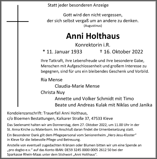 Traueranzeige von Anni Holthaus von Rheinische Post