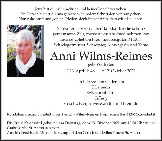 Traueranzeige von Anni Wilms-Reimes von Rheinische Post