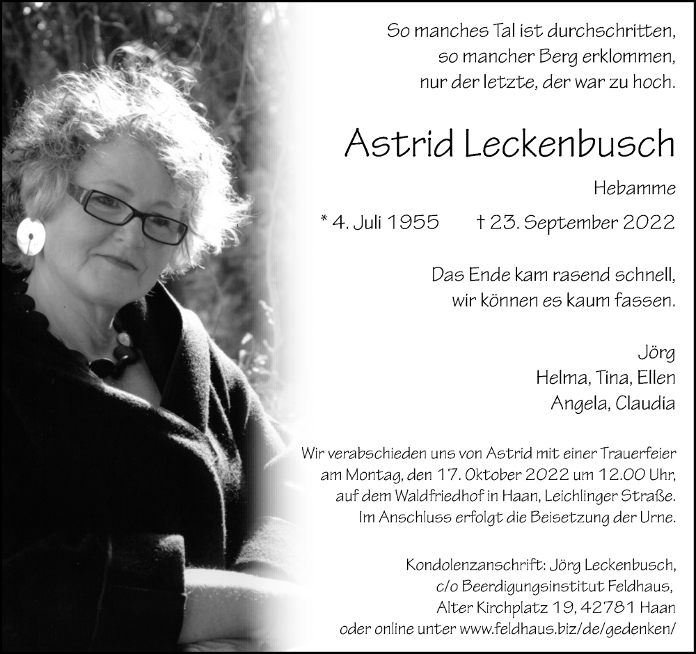  Traueranzeige für Astrid Leckenbusch vom 08.10.2022 aus Rheinische Post