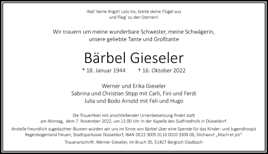 Traueranzeige von Bärbel Gieseler von Rheinische Post