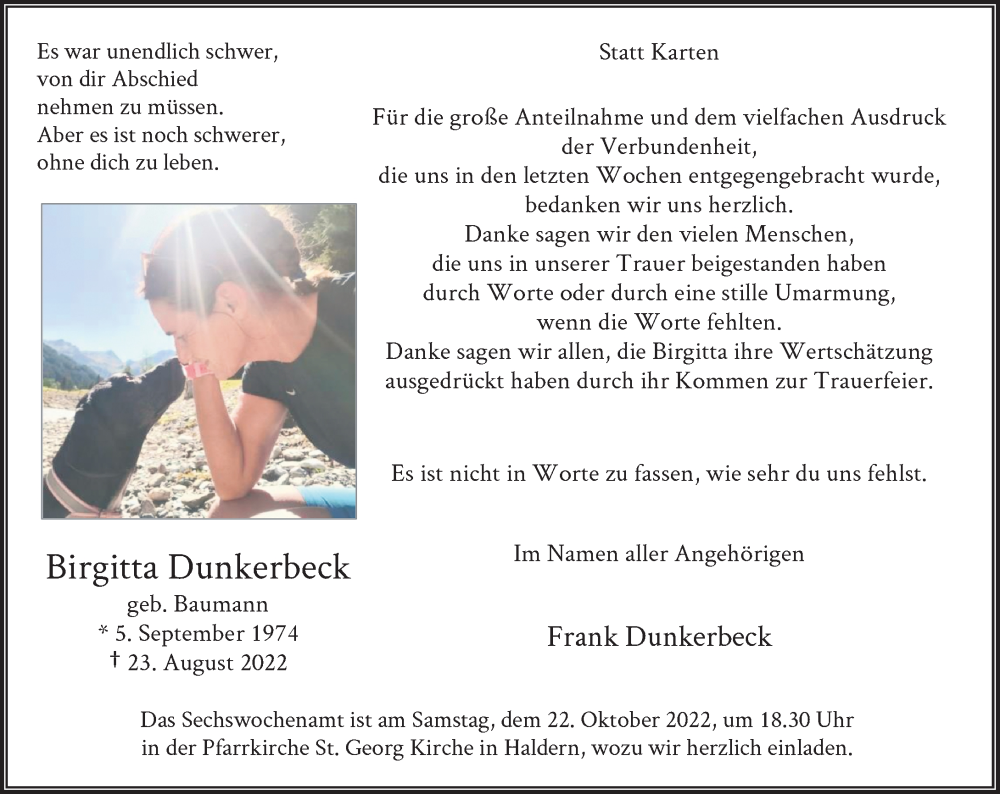  Traueranzeige für Birgitta Dunkerbeck vom 15.10.2022 aus Rheinische Post