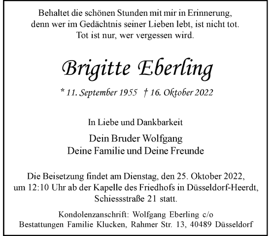 Traueranzeige von Brigitte Eberfing von Rheinische Post
