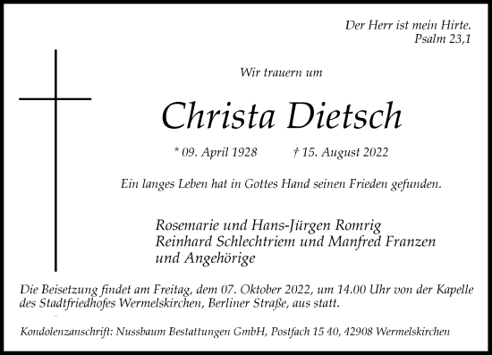 Traueranzeige von Christa Dietsch von Rheinische Post