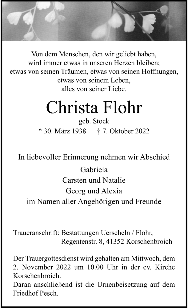  Traueranzeige für Christa Flohr vom 22.10.2022 aus Rheinische Post