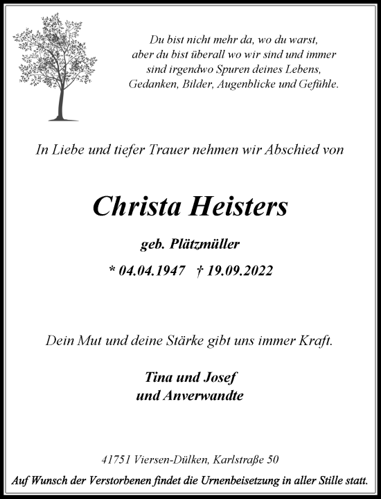 Traueranzeige von Christa Heisters von Rheinische Post