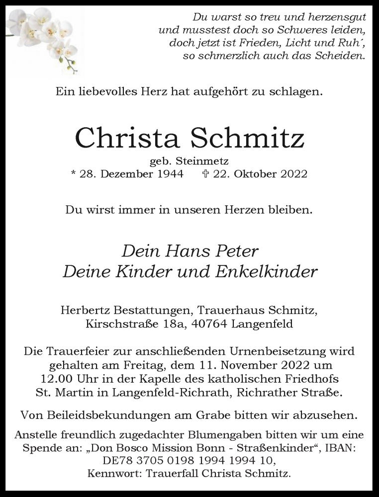 Alle Traueranzeigen Für Christa Schmitz | Trauer.rp-online.de