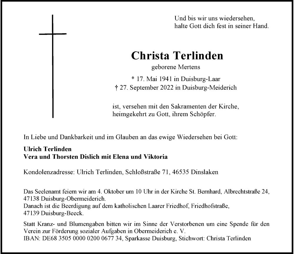  Traueranzeige für Christa Terlinden vom 01.10.2022 aus Rheinische Post