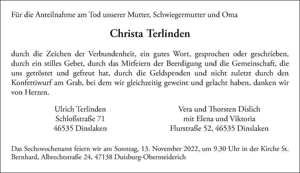  Traueranzeige für Christa Terlinden vom 05.11.2022 aus Rheinische Post