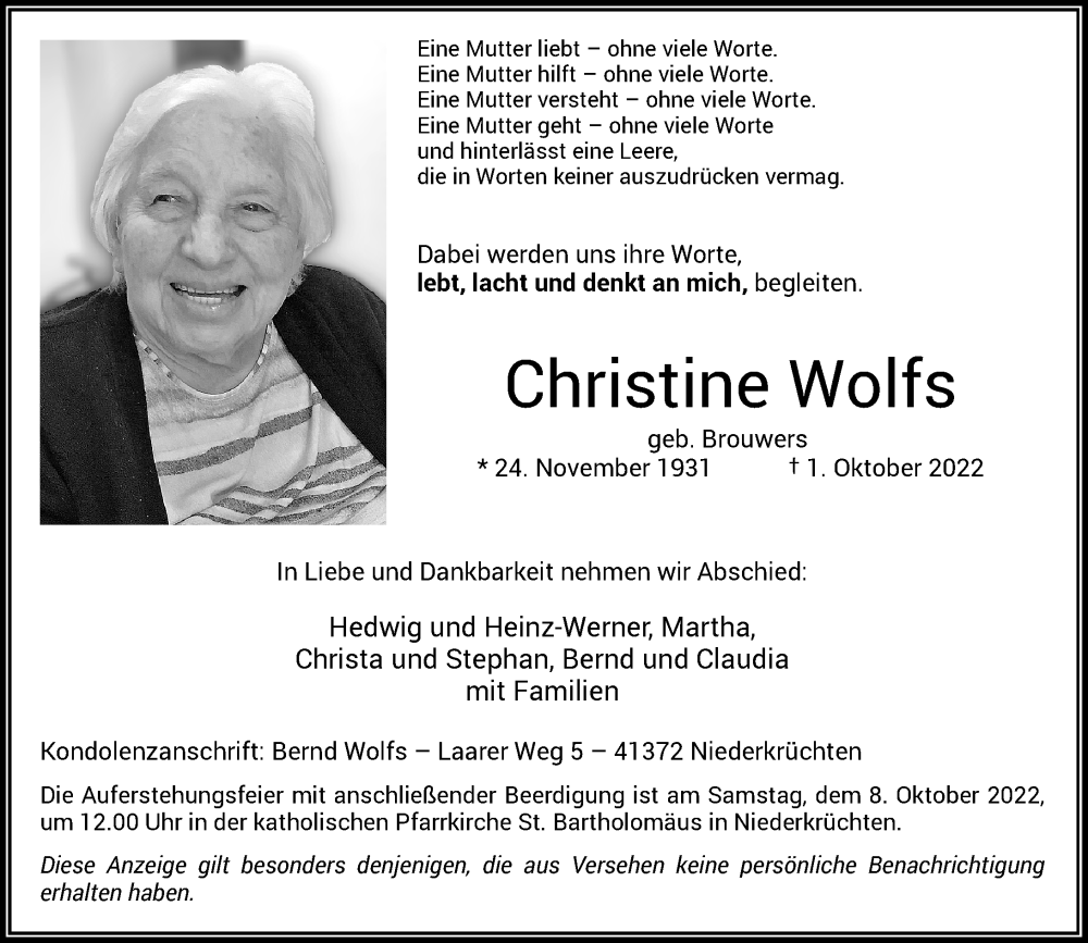  Traueranzeige für Christine Wolfs vom 05.10.2022 aus Rheinische Post