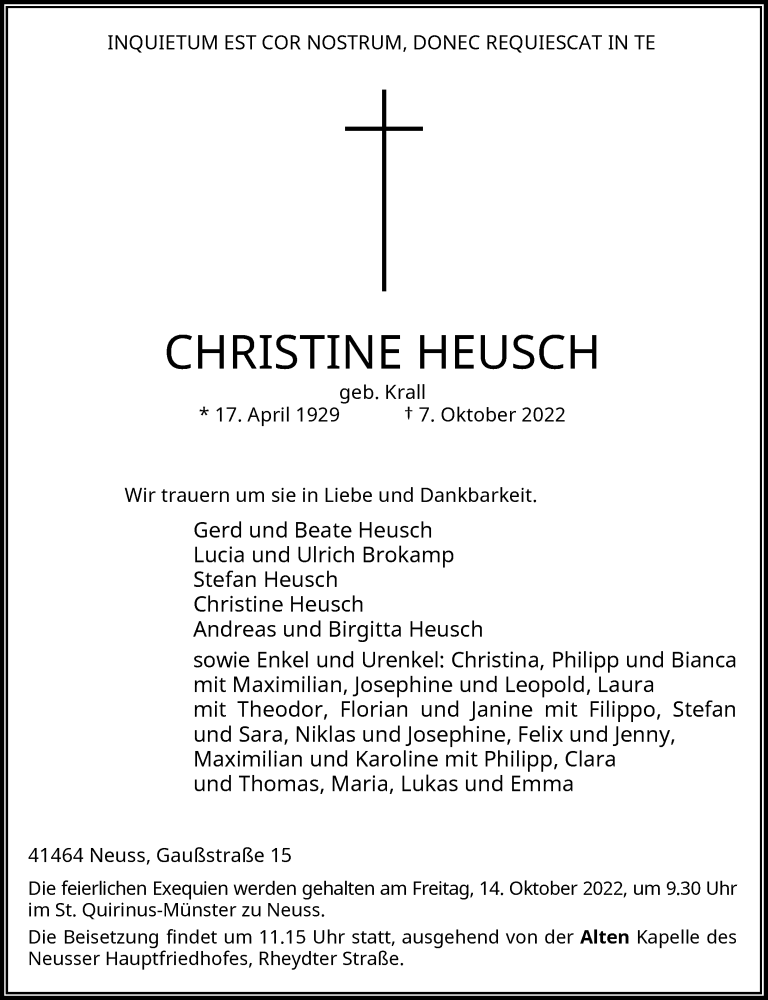  Traueranzeige für Chriszine Heusch vom 12.10.2022 aus Rheinische Post