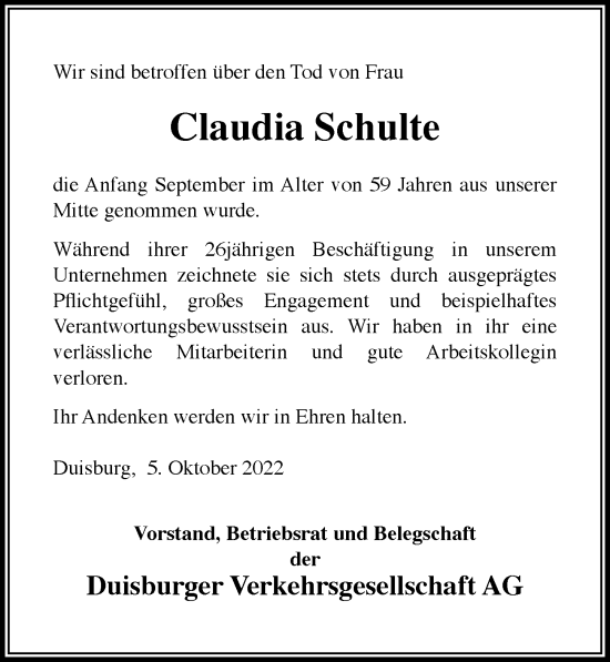 Traueranzeige von Claudia Schulte von Rheinische Post