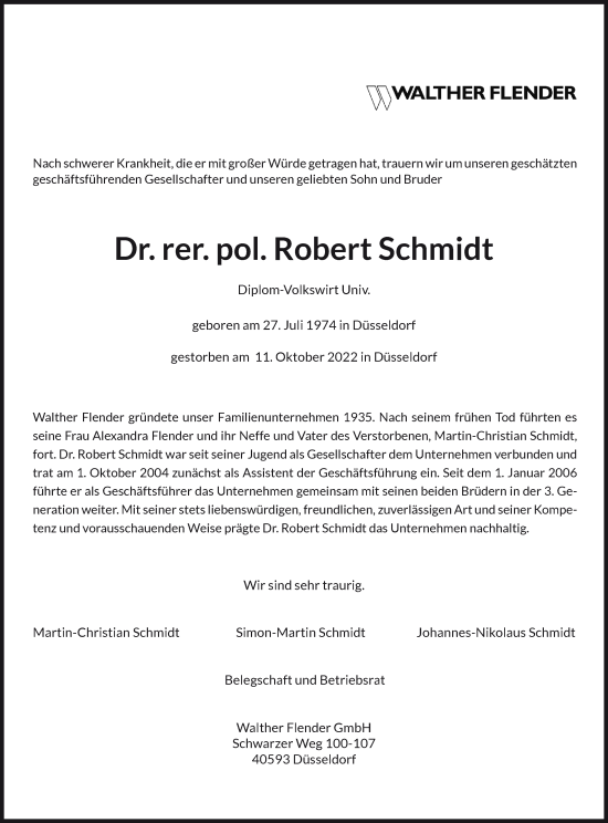 Traueranzeige von Dr. rer. pol. Robert Schmidt von Rheinische Post