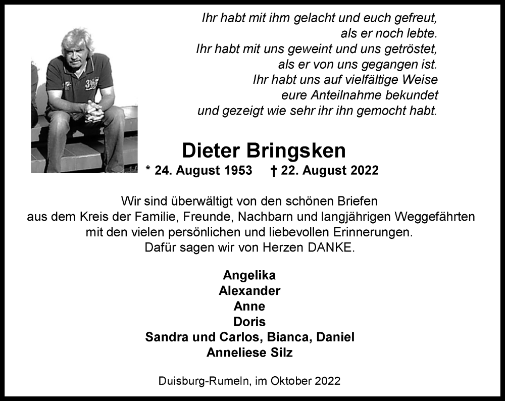  Traueranzeige für Dieter Bringsken vom 01.10.2022 aus Rheinische Post