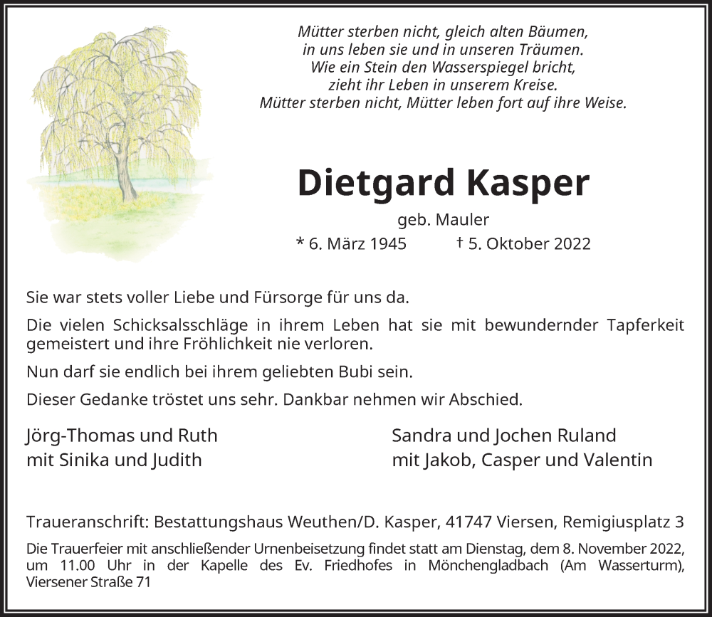  Traueranzeige für Dietgard Kasper vom 22.10.2022 aus Rheinische Post