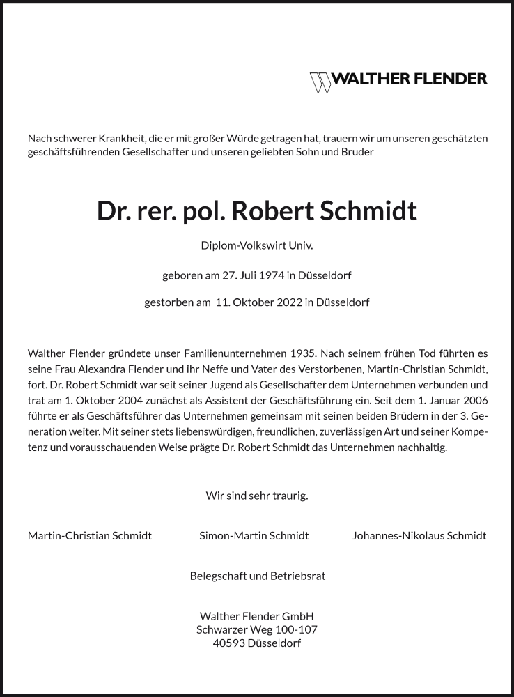  Traueranzeige für Dr. rer. pol. Robert Schmidt vom 15.10.2022 aus Rheinische Post