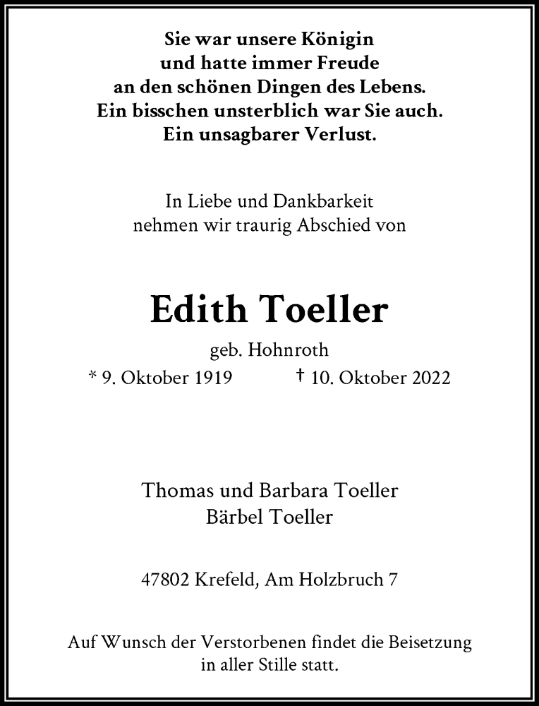 Traueranzeige für Edith Toeller vom 15.10.2022 aus Rheinische Post