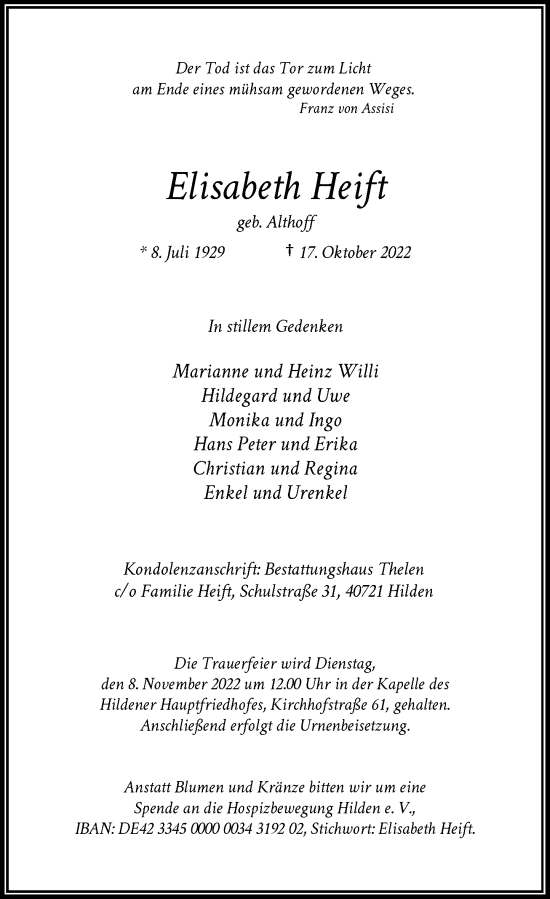 Traueranzeige von Elisabeth Heift von Rheinische Post