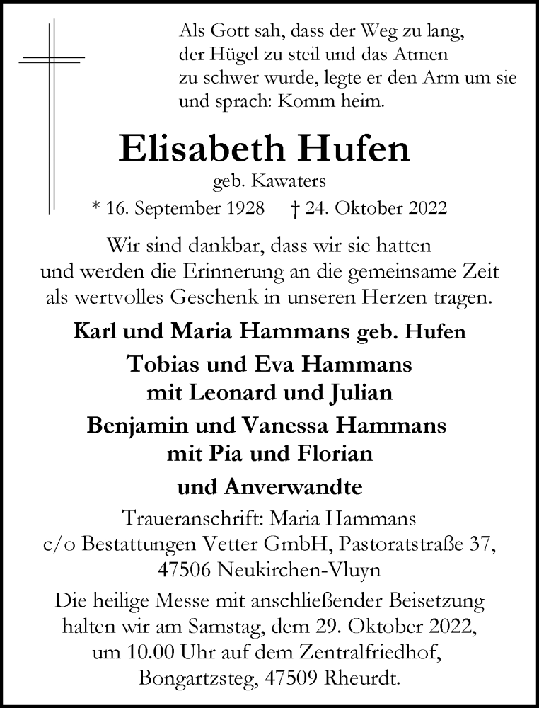  Traueranzeige für Elisabeth Hufen vom 26.10.2022 aus Rheinische Post