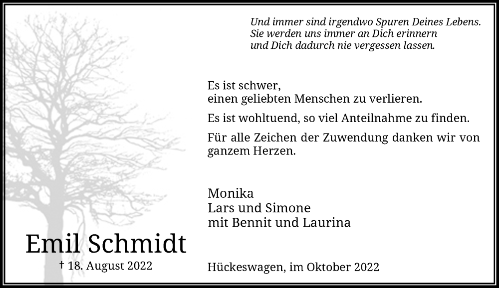  Traueranzeige für Emil Schmidt vom 01.10.2022 aus Rheinische Post