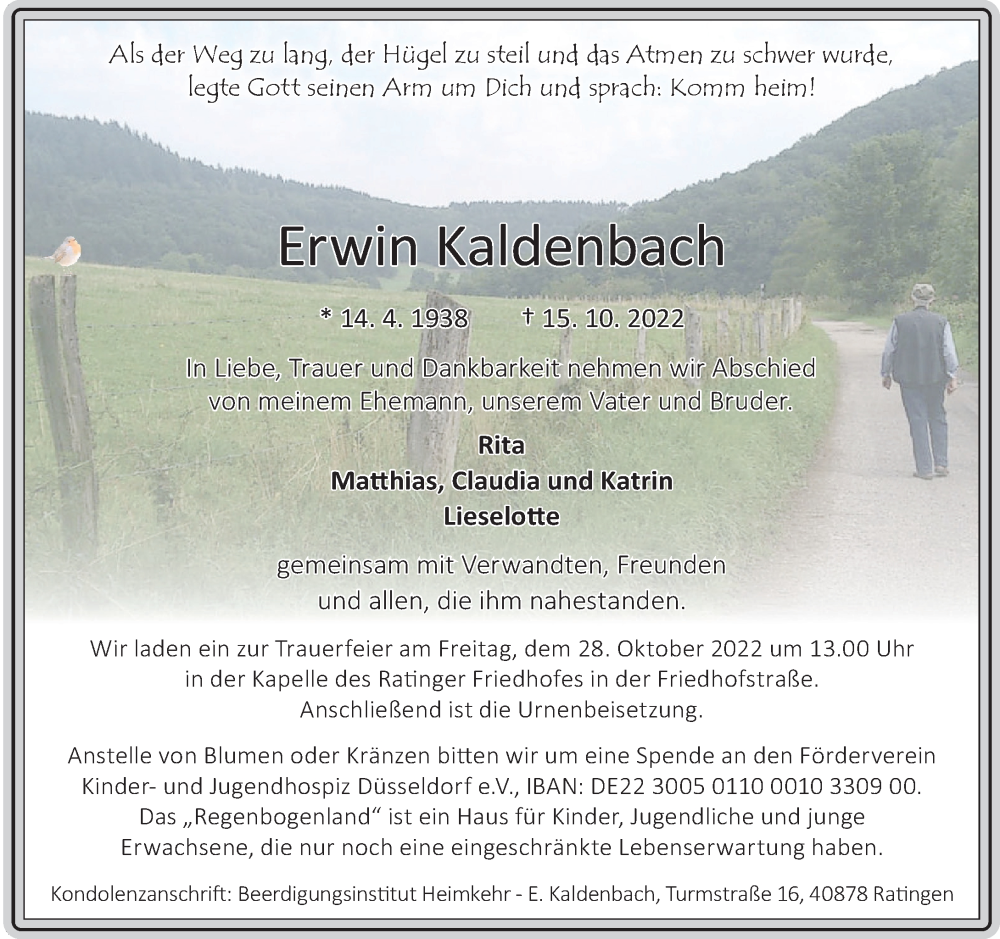  Traueranzeige für Erwin Kaldenbach vom 26.10.2022 aus Rheinische Post