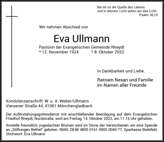 Traueranzeige von Eva Ullmann von Rheinische Post