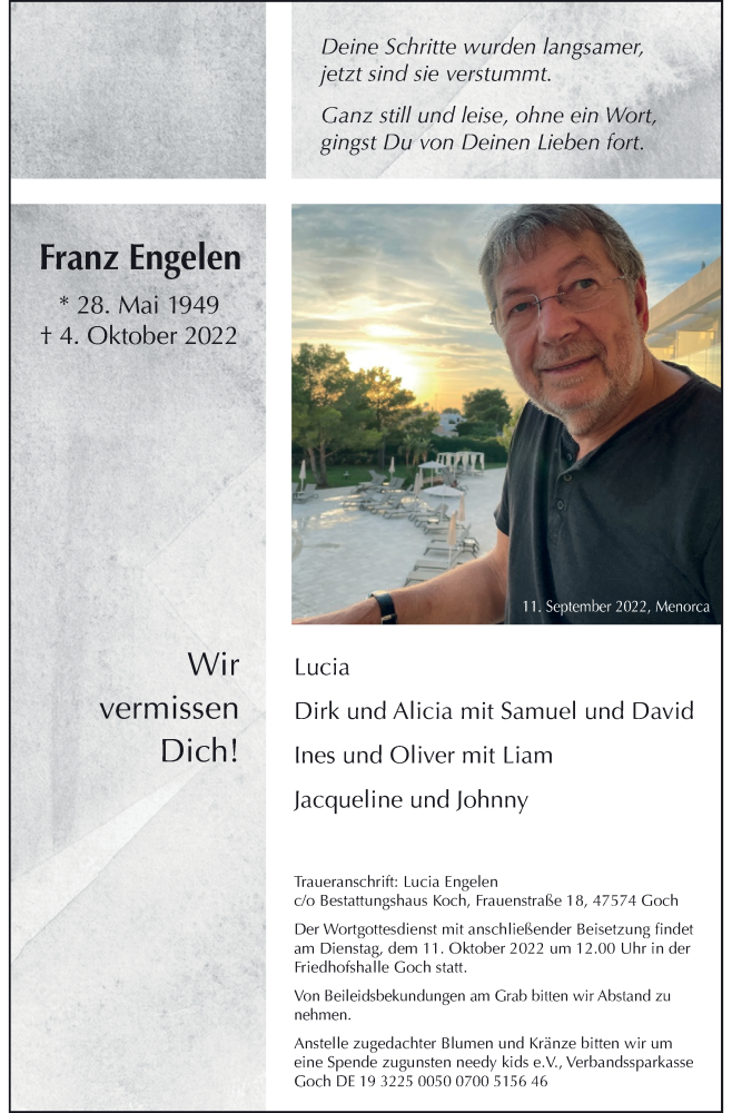  Traueranzeige für Franz Engelen vom 08.10.2022 aus Rheinische Post