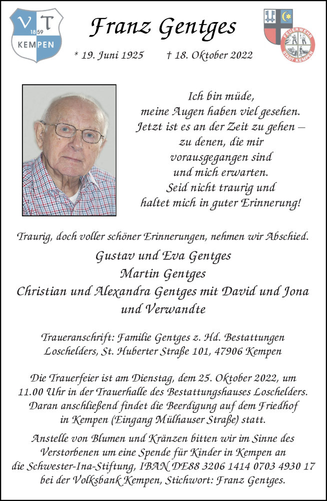  Traueranzeige für Franz Gentges vom 22.10.2022 aus Rheinische Post