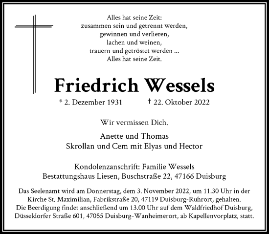 Traueranzeige von Friedrich Wessels von Rheinische Post