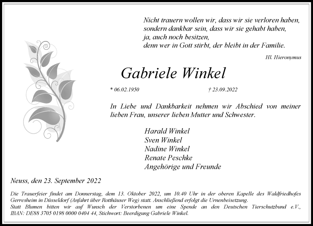  Traueranzeige für Gabriele Winkel vom 08.10.2022 aus Rheinische Post
