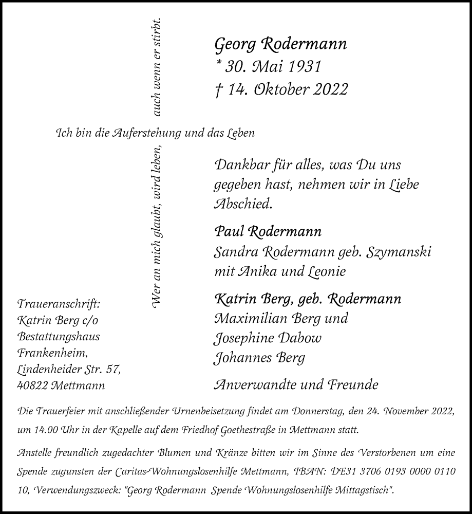  Traueranzeige für Georg Rodermann vom 29.10.2022 aus Rheinische Post