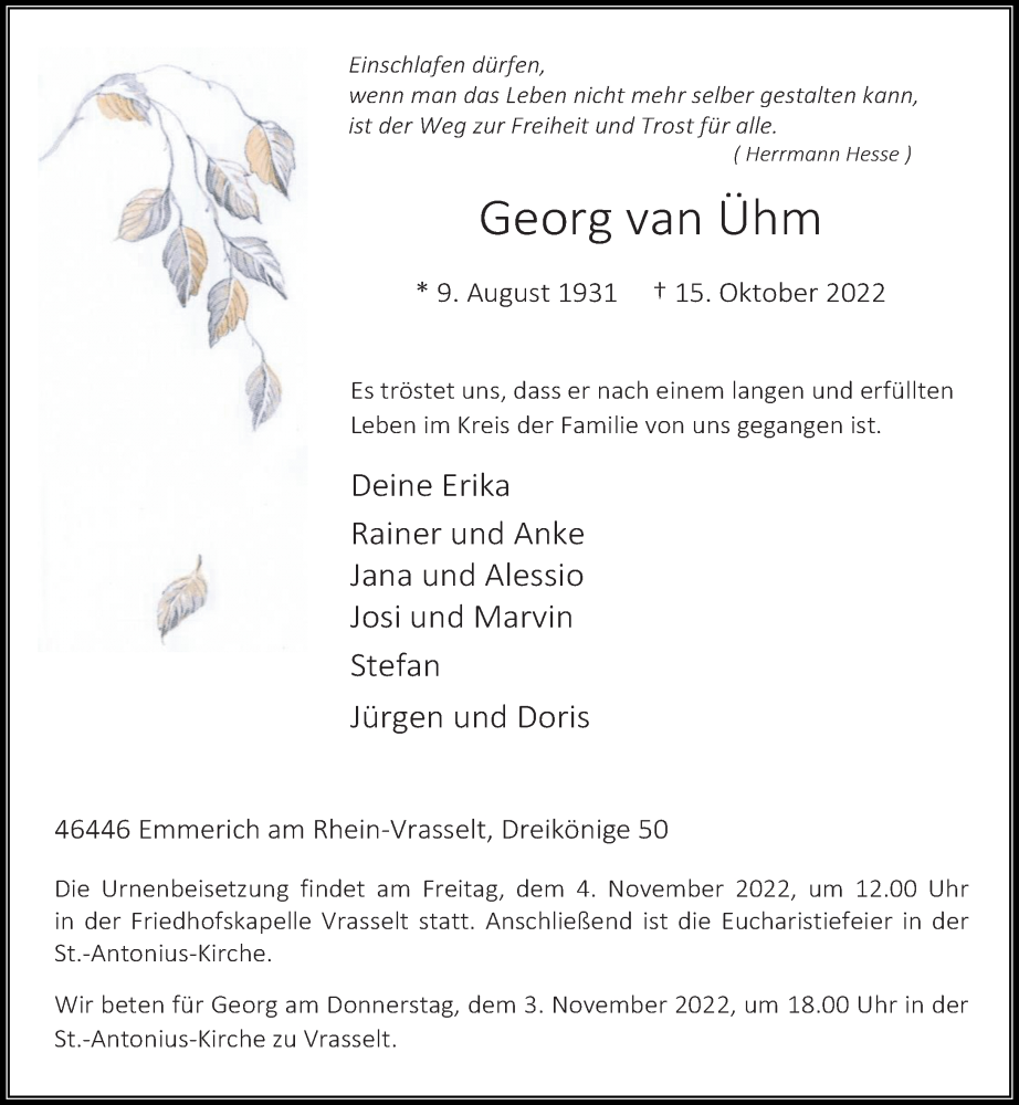  Traueranzeige für Georg van Ühm vom 29.10.2022 aus Rheinische Post