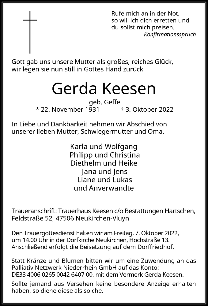  Traueranzeige für Gerda Keesen vom 05.10.2022 aus Rheinische Post