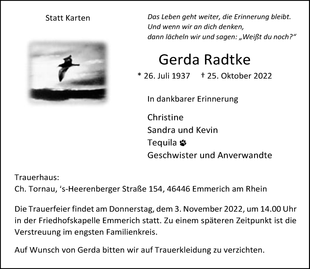  Traueranzeige für Gerda Radtke vom 29.10.2022 aus Rheinische Post