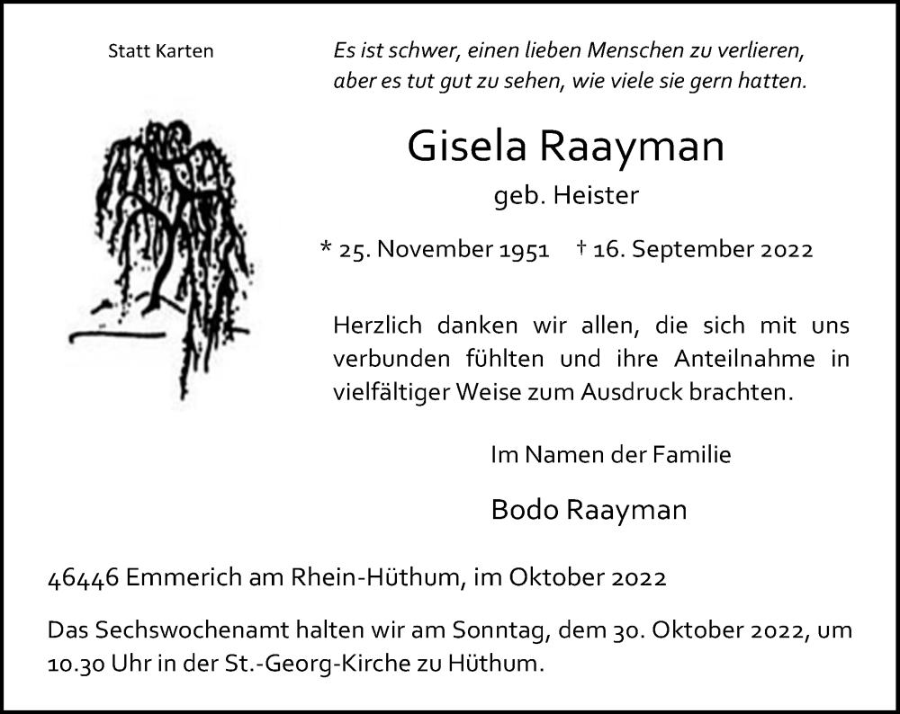  Traueranzeige für Gisela Raayman vom 22.10.2022 aus Rheinische Post