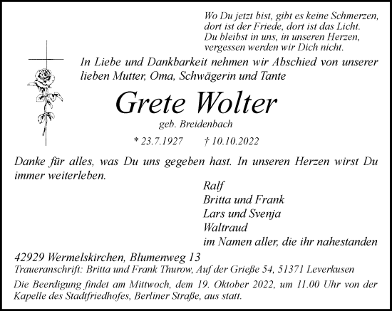 Traueranzeige von Grete Wolter von Rheinische Post