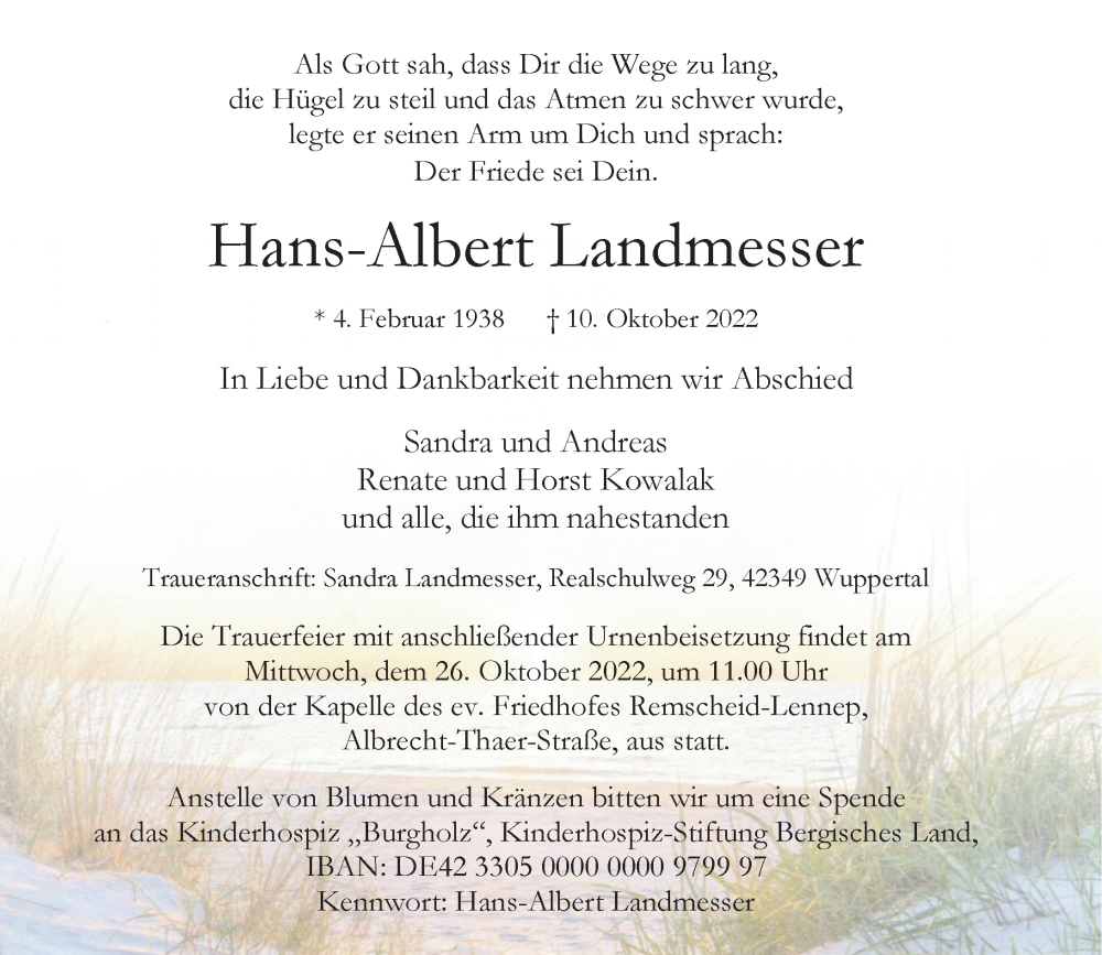  Traueranzeige für Hans-Albert Landmesser vom 15.10.2022 aus Rheinische Post