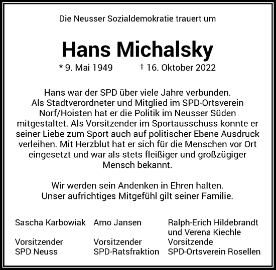 Traueranzeige von Hans Michalsky von Rheinische Post