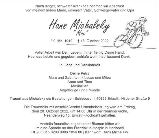 Traueranzeige von Hans Michalsky von Rheinische Post