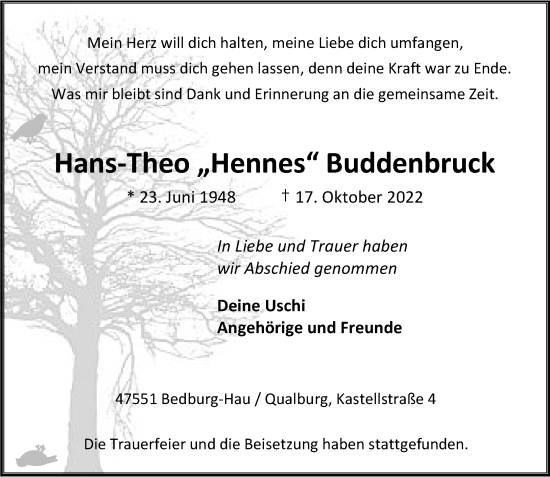 Traueranzeige von Hans-Theo Buddenbruck von Rheinische Post